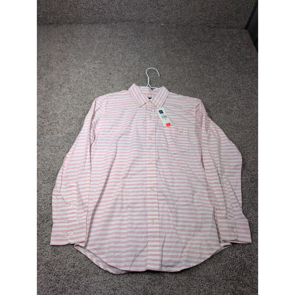 GapKids Boys XL 12 Pink White Striped Long Sleeve Button Down Cotton Shirt NWT